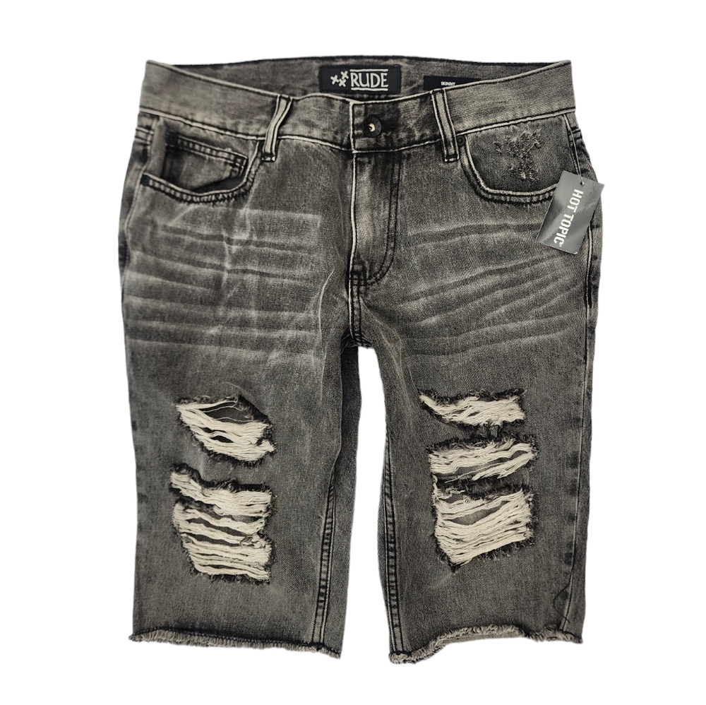 Hot Topic XXX RUDE Grey Distressed Shorts